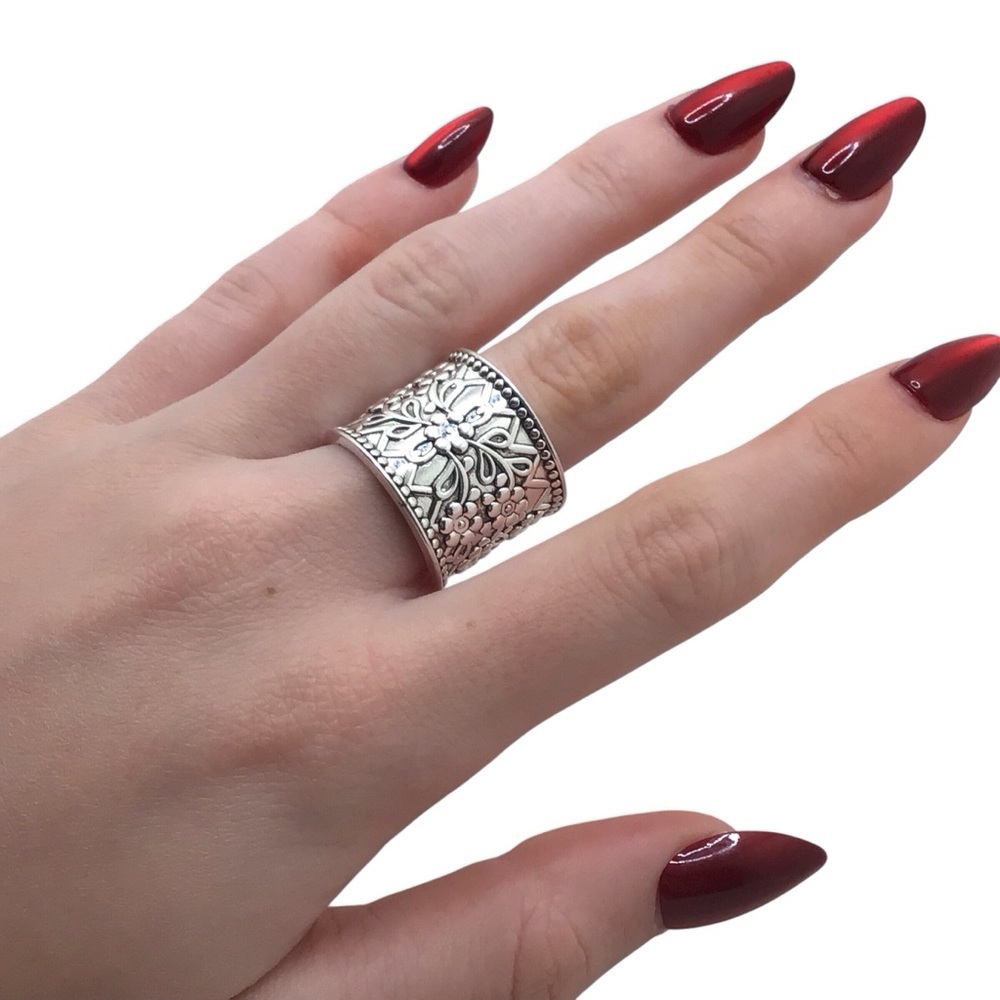 Silver- Tone Floral Wide Band Thumb Ring Adjustable Boho Vintage Style Statement - Picture 8 of 11